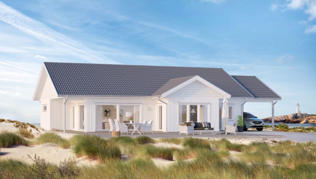 enplanshus med vidbyggd carport