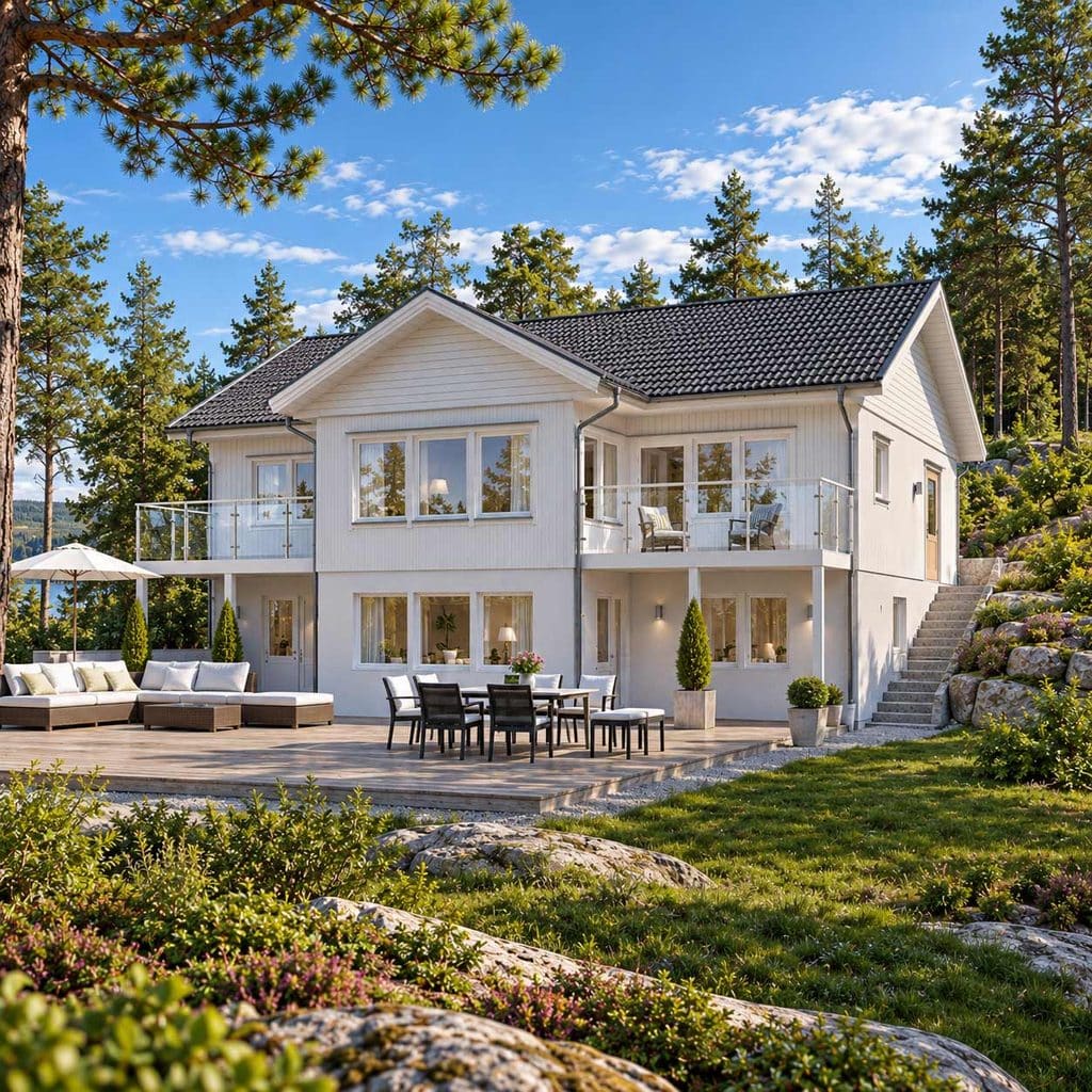 Sluttningshus i skogsmiljö
